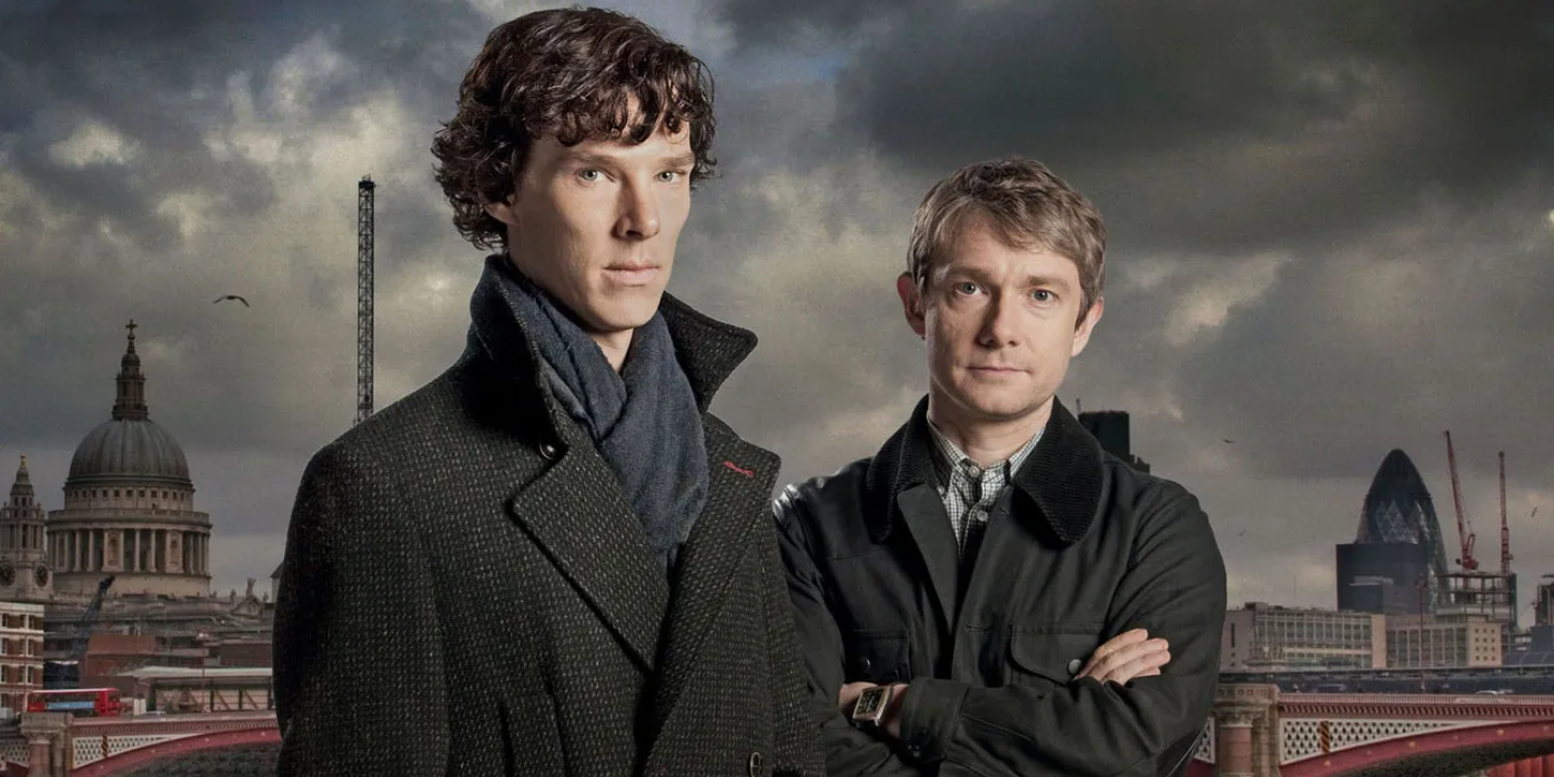 Benedict Cumberbatch and Martin Freeman as Sherlock Holmes and Dr. Watson