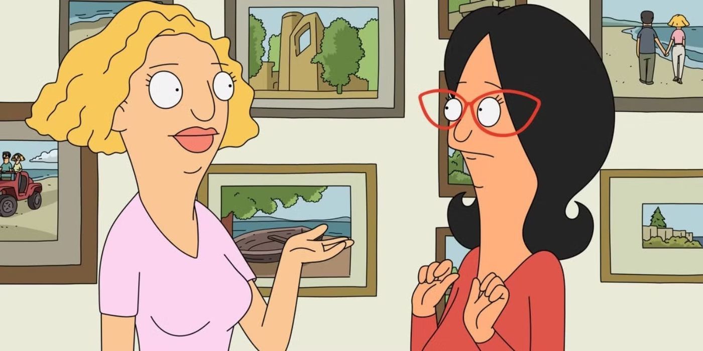 Helen has her arm out, shrugging. She stands before Linda who is scared with her hands up in Bob's Burgers.