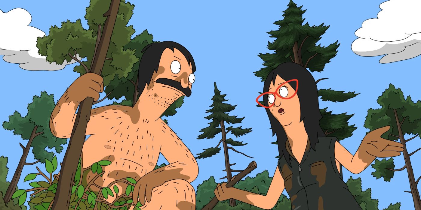 Bob and Linda look at each other, dirty in the woods in the Bob's Burgers episode A River Runs Through Bob.