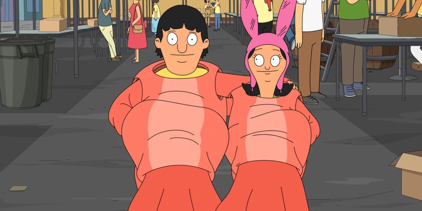 Gene and Louise stand side by side in lobster or shrimp costumes in Bob's Burgers.
