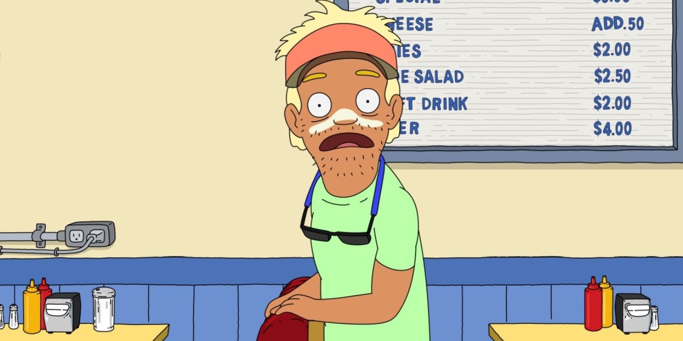 A character with a visor and sunglasses looks shocked, standing in the diner in Bob's Burgers.