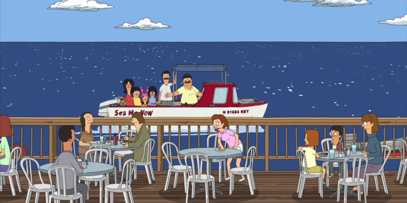 The Belcher family on a boat calls to people eating on a pier in Bob's Burgers episode Sea Me Now.