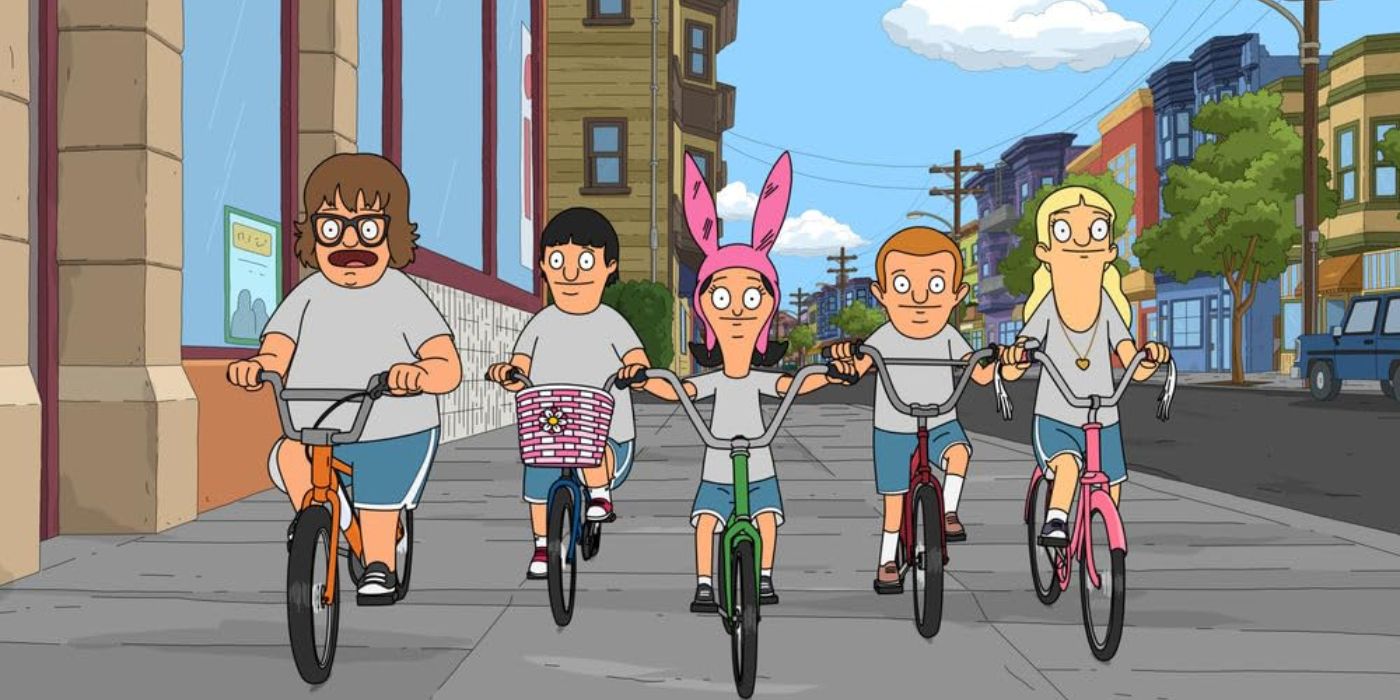 Louise, Gene, and other kids ride bikes down a street in Bob's Burgers episode The Gene Mile.