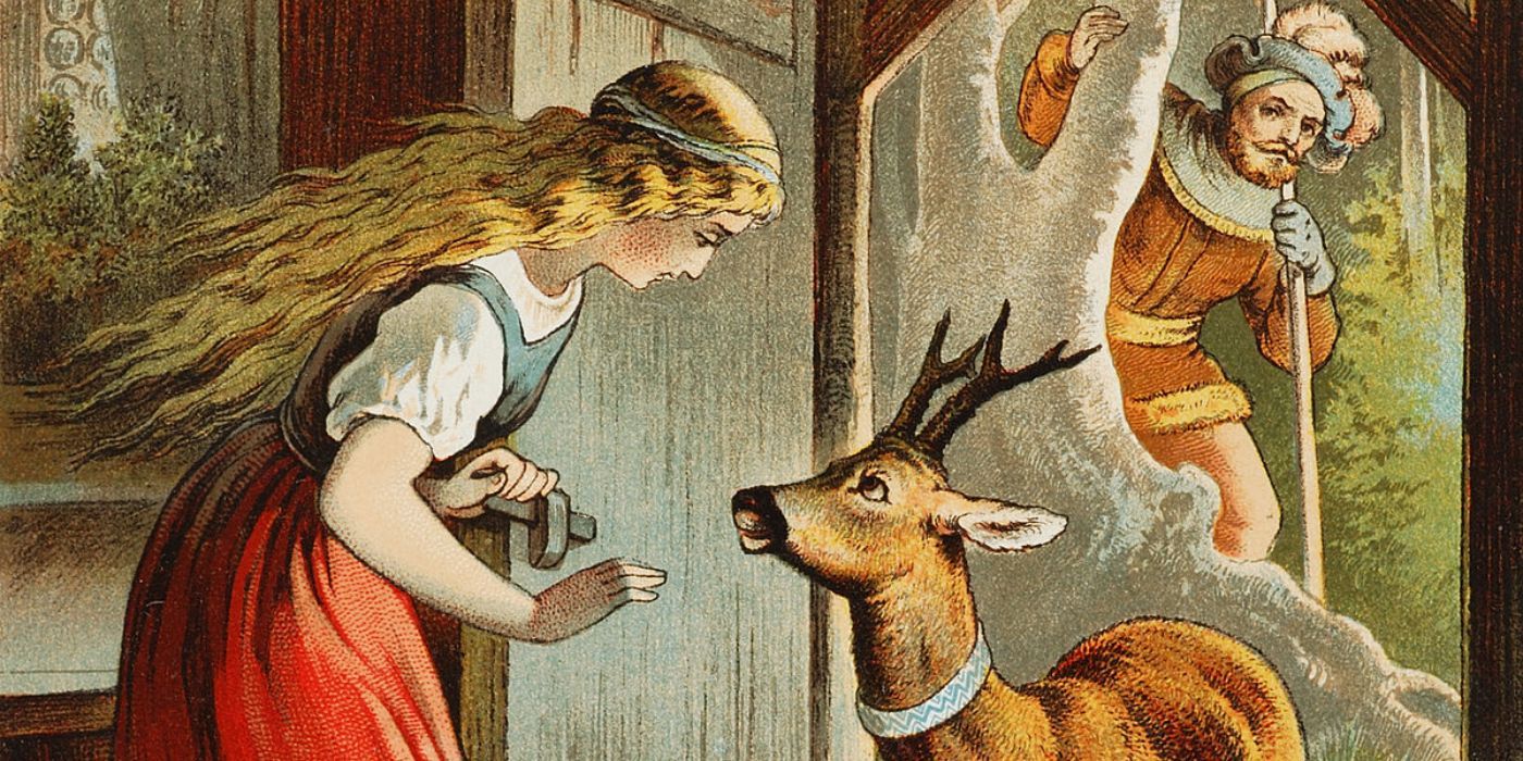 A young woman looks at her deer while a king watches from behind a tree