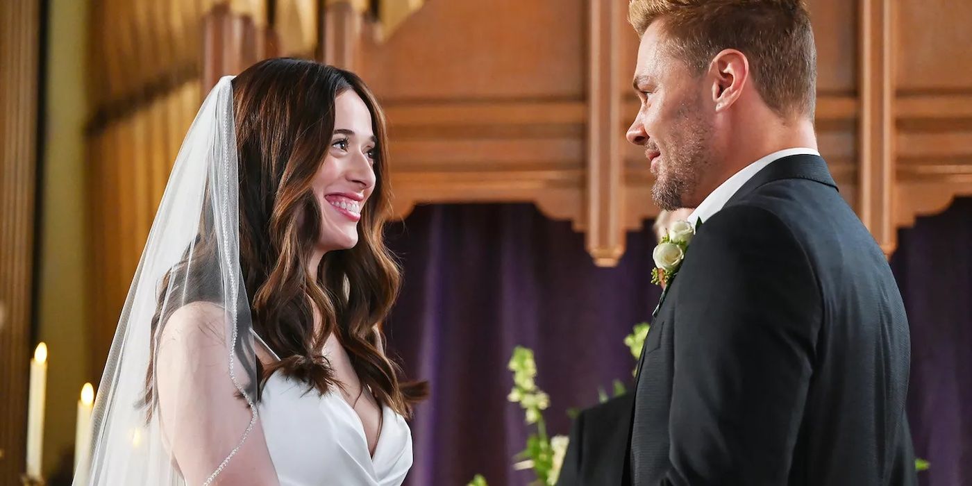Burgess (Marina Squerciati) and Ruzek (Patrick Flueger) at the altar, looking at each other and smiling, in Chicago P.D.'s "Vows."