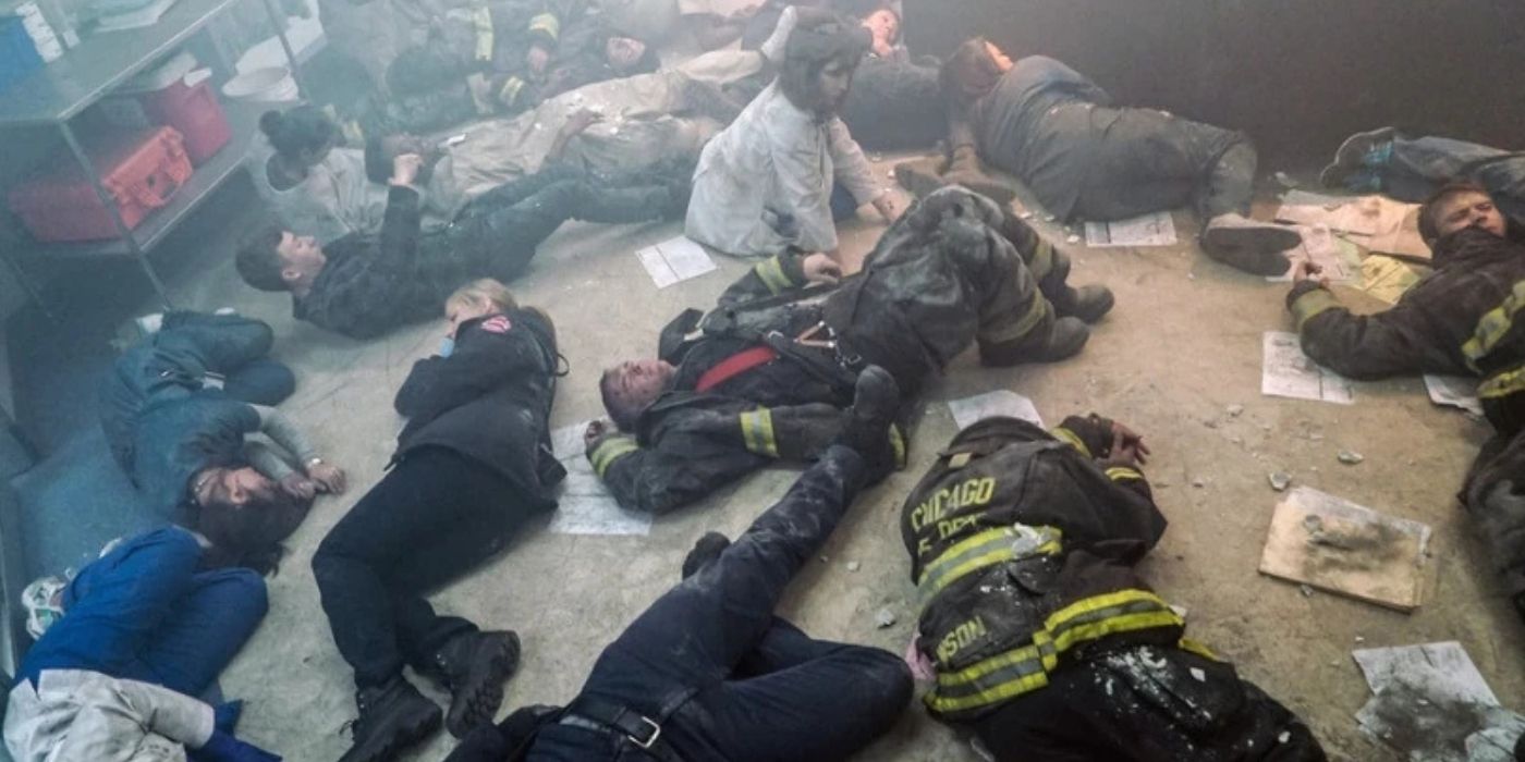 A crowd of people regain consciousness in the aftermath of a grenade explosion on 'Chicago Fire.'