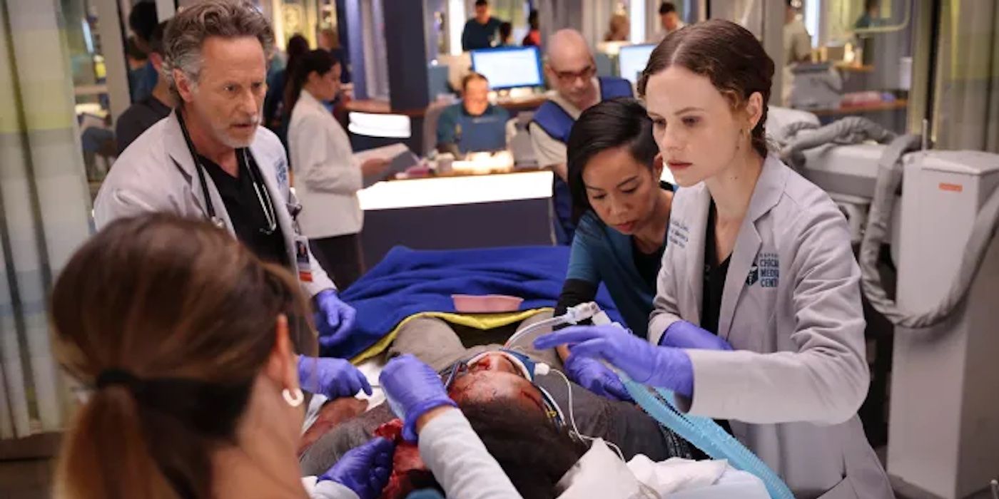 Dr. Archer (Steven Weber) and Dr. Lenox (Sarah Ramos) operating on a patient in Chicago Med.