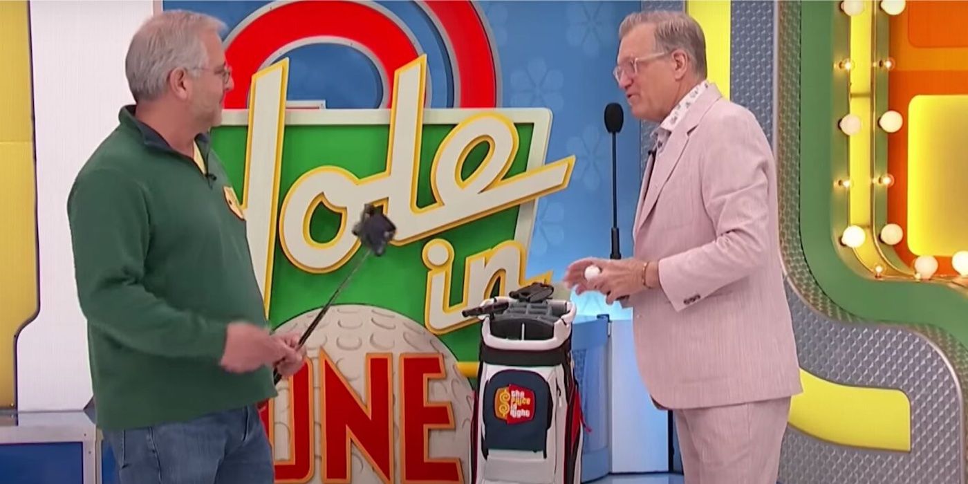 Drew Carey talks to contestant David by the Hole in One golf bag on The Price is Right.