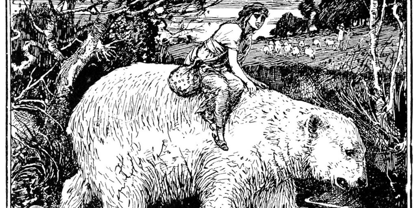 A young woman rides on the back of a bear