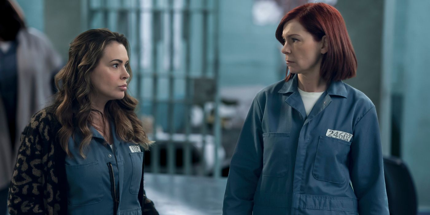 Carrie Preston and Alyssa Milano in the Elsbeth Season 2 finale