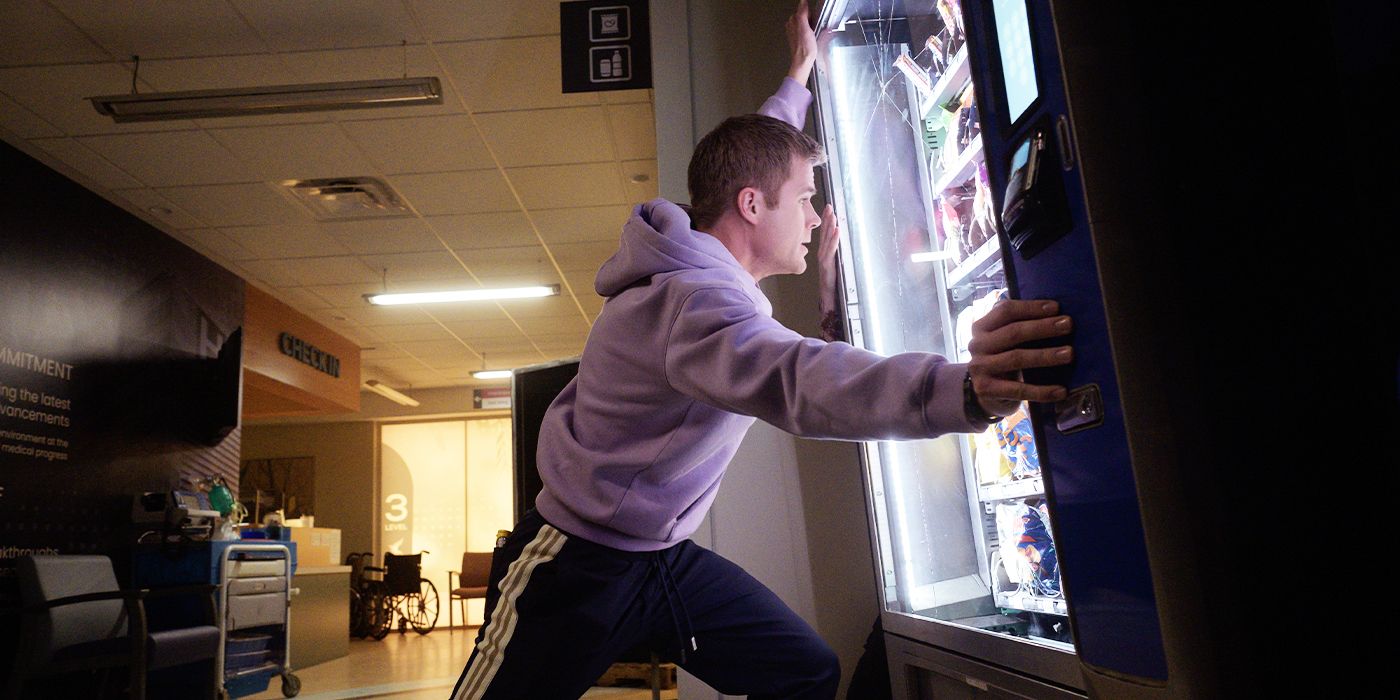 Owen Patrick Joyner holding up a falling vending machine in Final Destination: Bloodlines