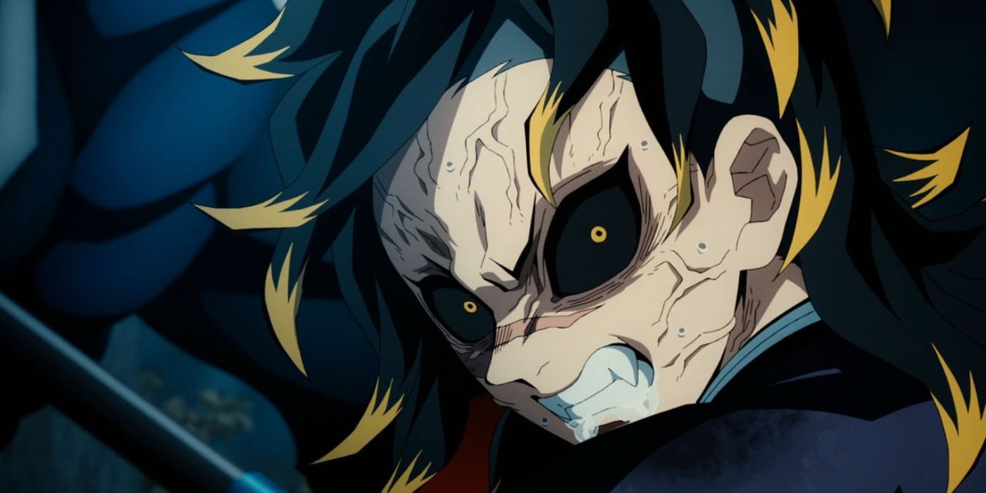 Genya with tight teeth and black eyes, air angry in a demon killer.