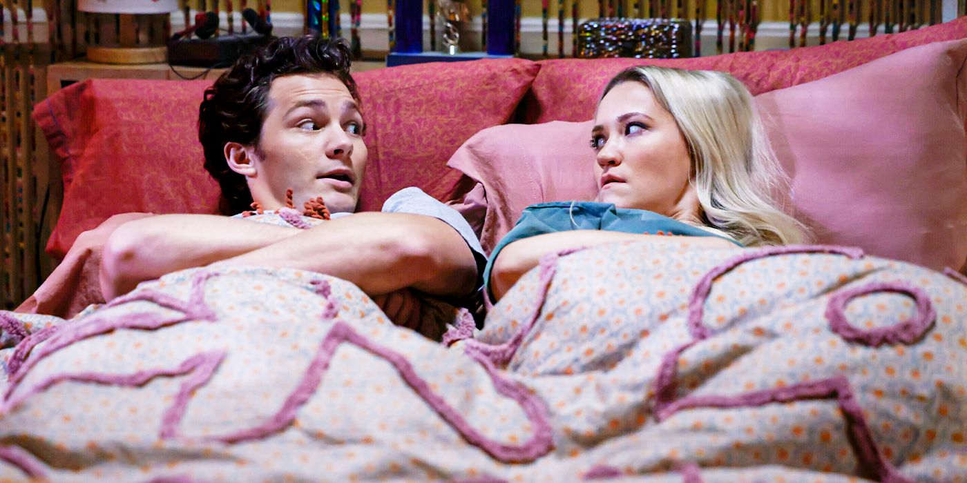 Mandy de Montana Jordan, de Georgie e Emily Osment, na cama no primeiro casamento de Georgie & Mandy