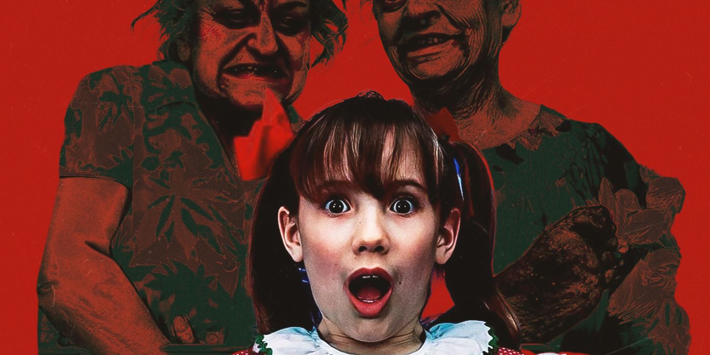 A young girl with pigtails gasps directly at the camera while two witchy-looking old women cackle behind her in a red backdrop.