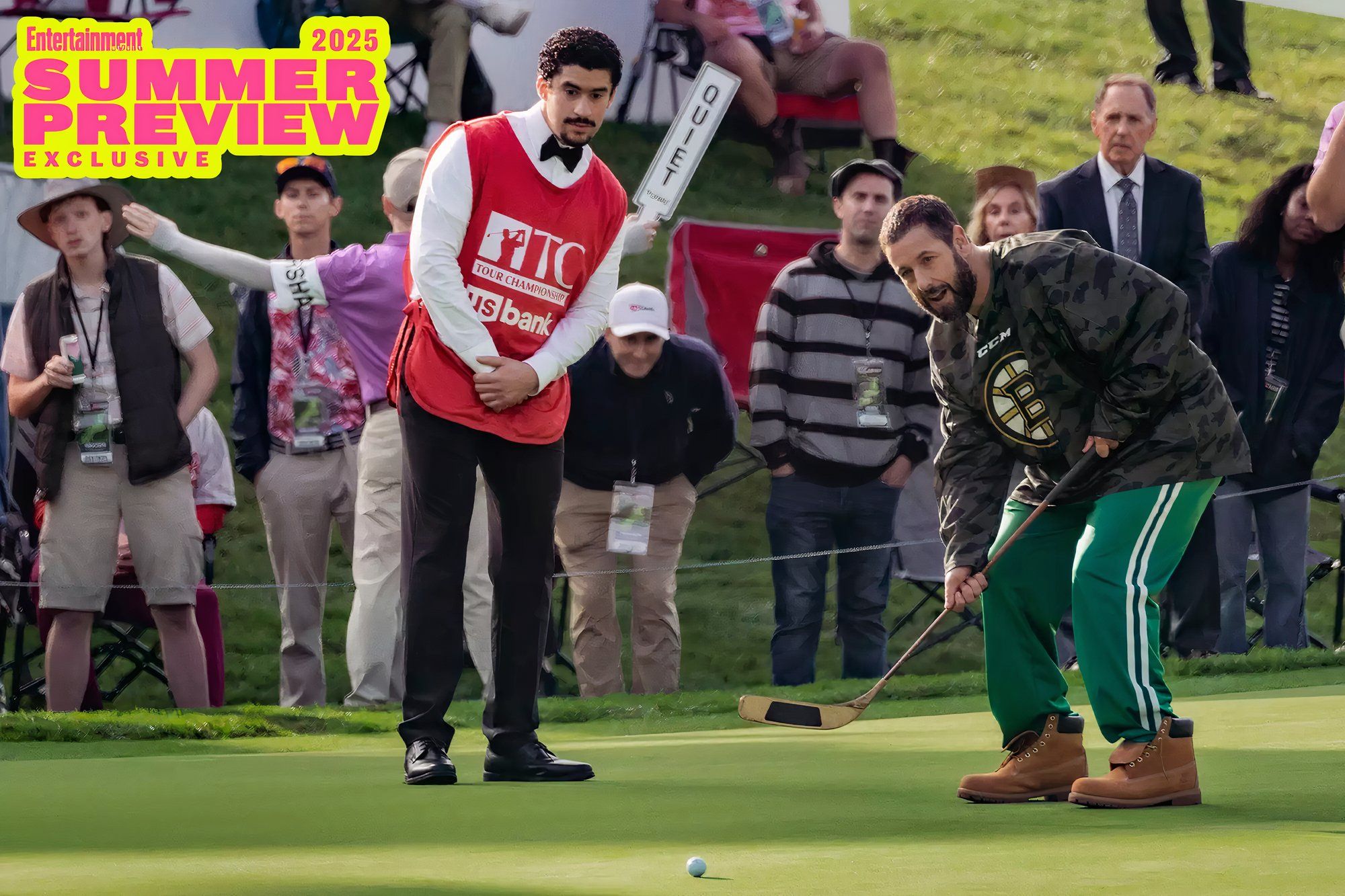 Adam Sandler positioned with a hockey stick while Bad Bunny watches closely in Happy Gilmore 2