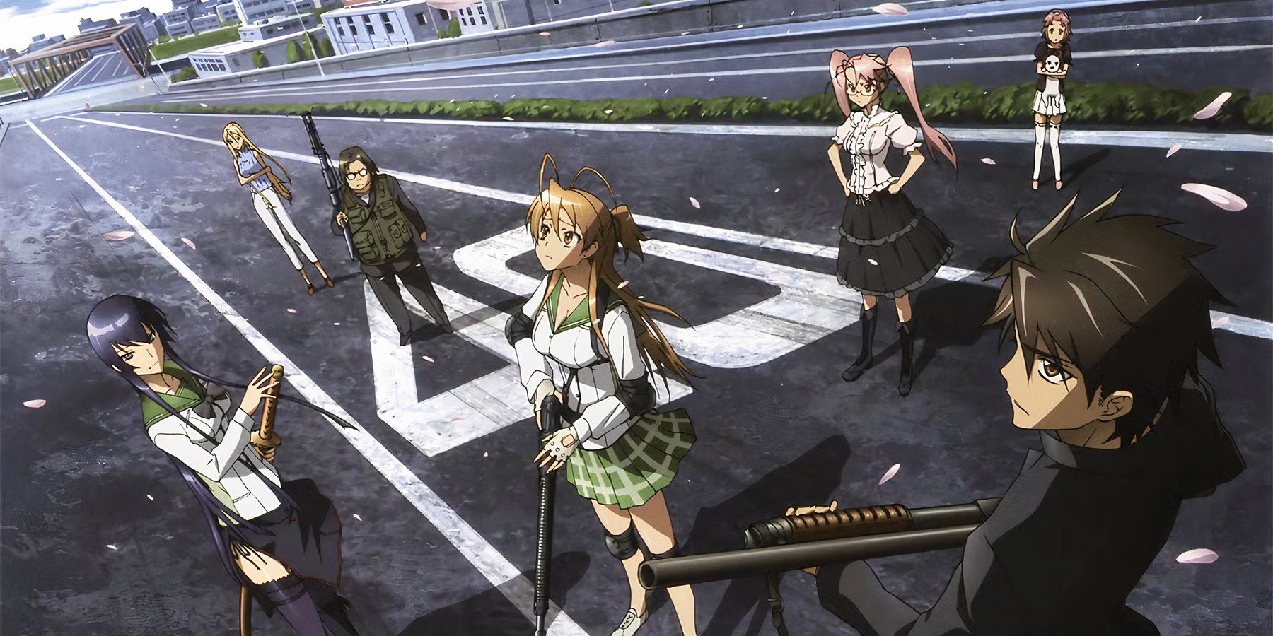 Highschool of the Dead's cast of characters standing at the ready in the street.