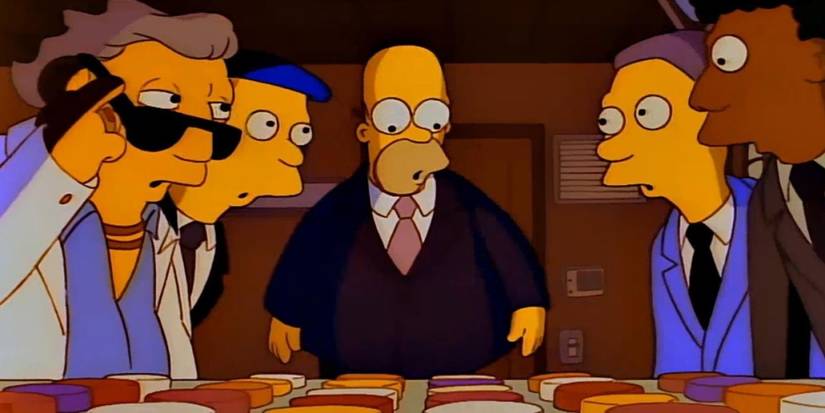 Homer averts Shelbyville nuclear meltdown with eeny-meeny-miney-mo as others look on in The Simpsons.