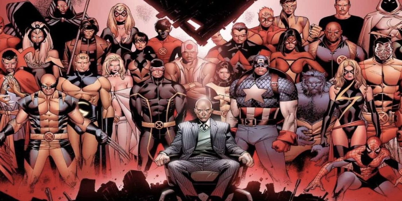All the major Marvel heroes stand together for a House of M promo for Marvel Comics.