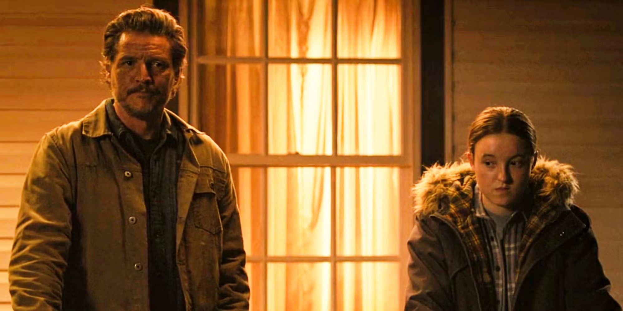 Joel and Ellie stand on a porch with tension between them in The Last of Us Season 2.