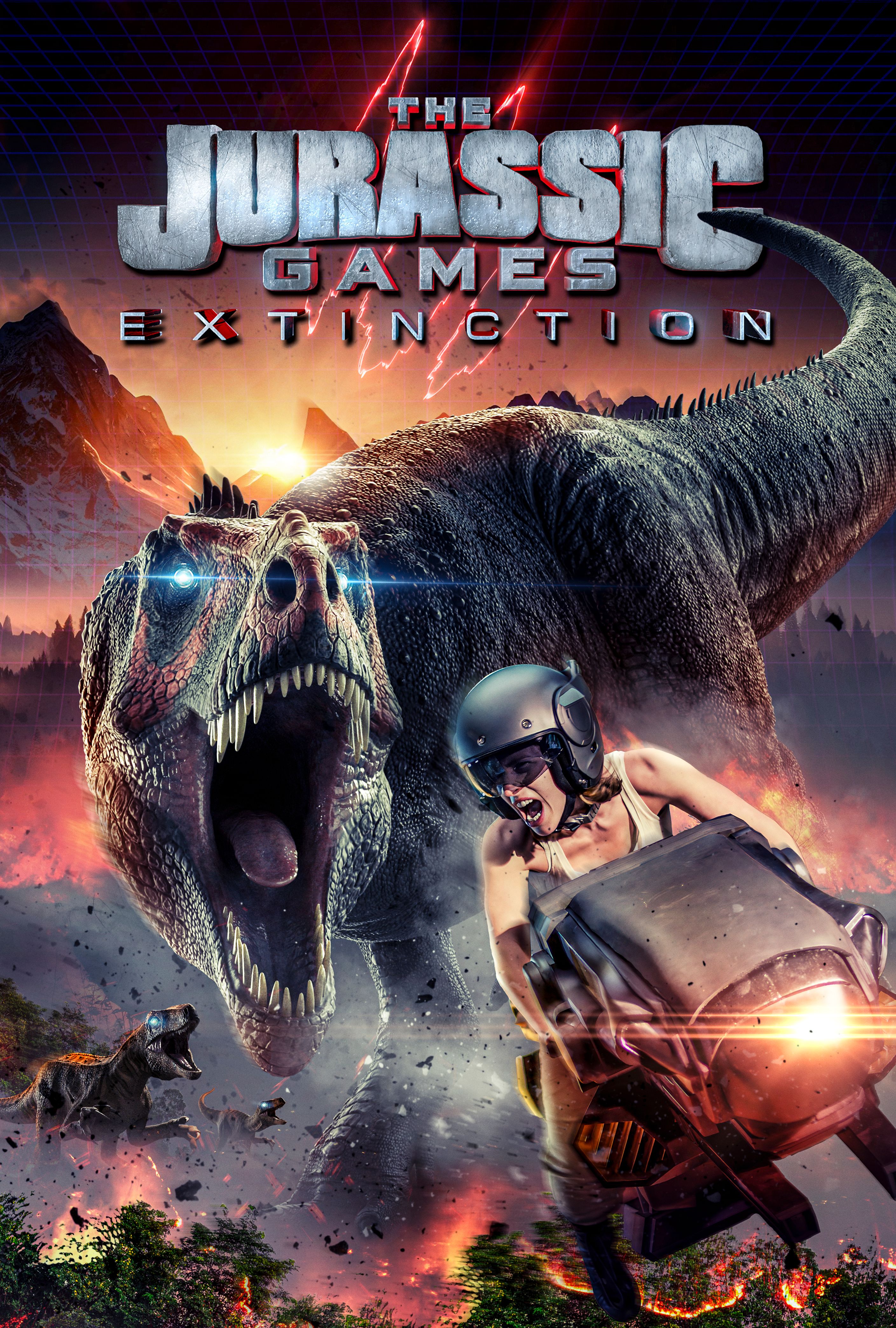 The poster for The Jurassic Games: Extinction, featuring a woman on a hoverbike escaping a tyrannosaur.