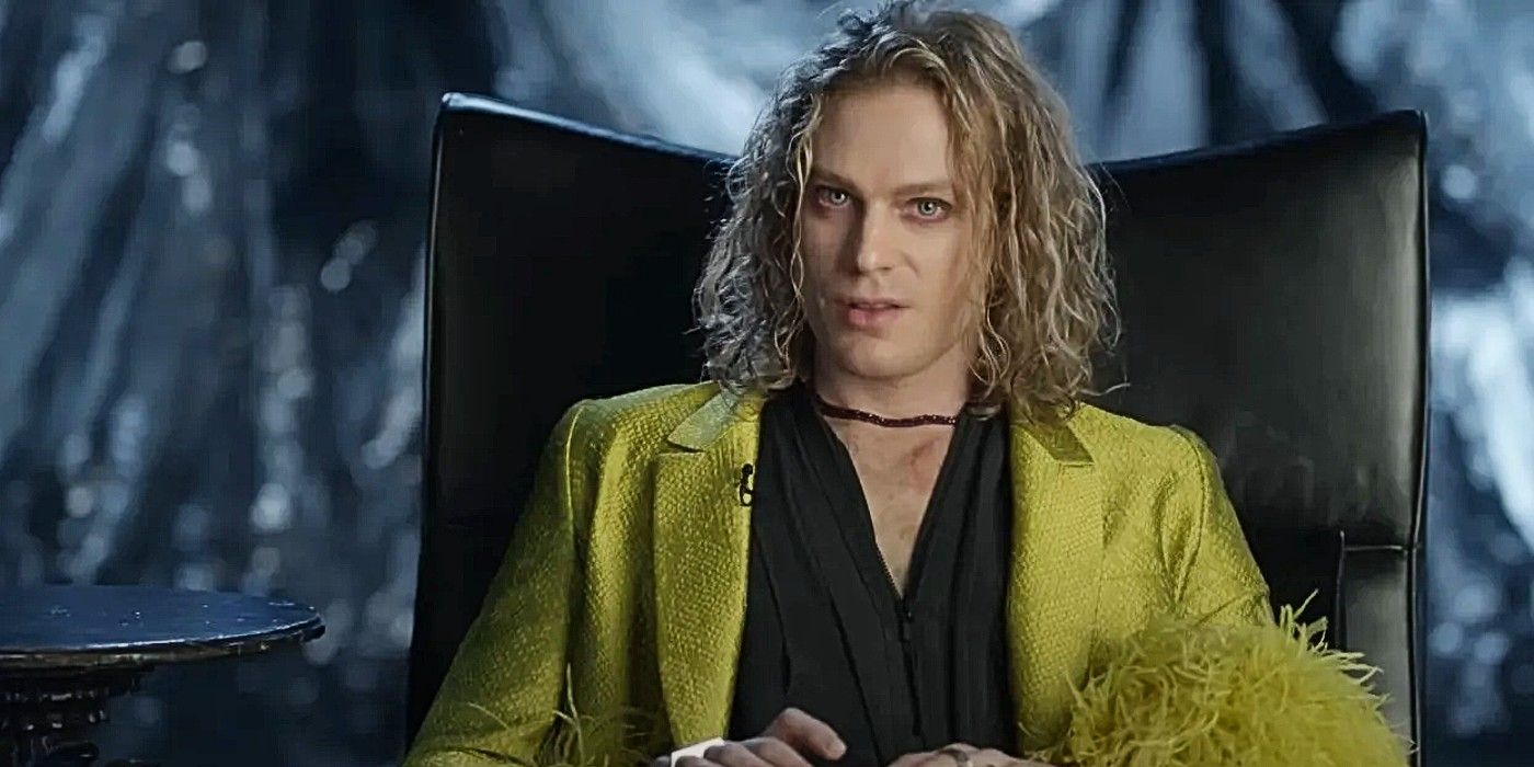 A promo photo of Sam Reid as Lestat de Lioncourt in a yellow jacket in Interview with the Vampire Season 3.