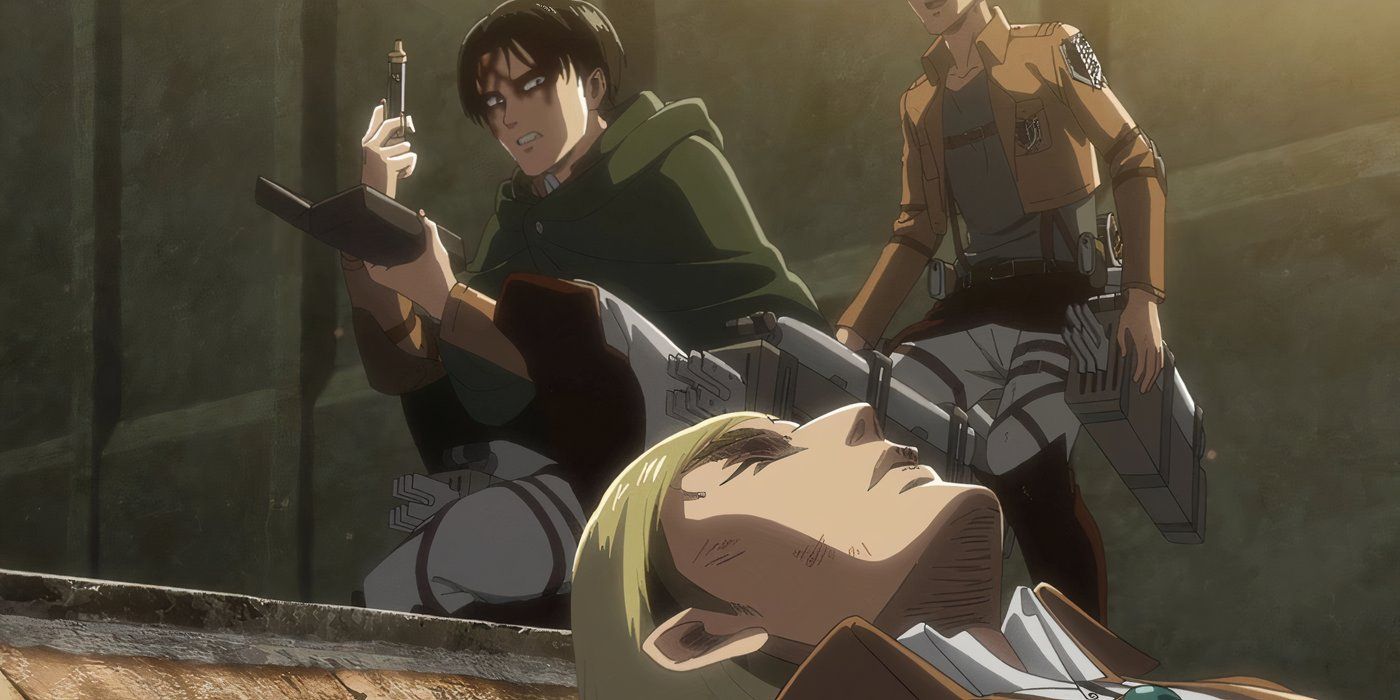 Levi holding up a Titan serum in front of Erwin in Attack on Titan