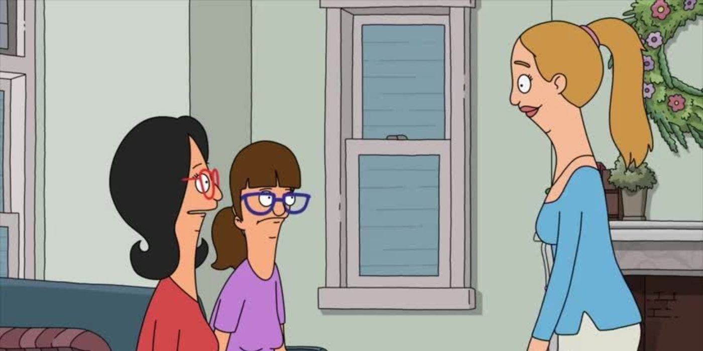 Linda sits on a couch and talks to two other women in Bob's Burgers.
