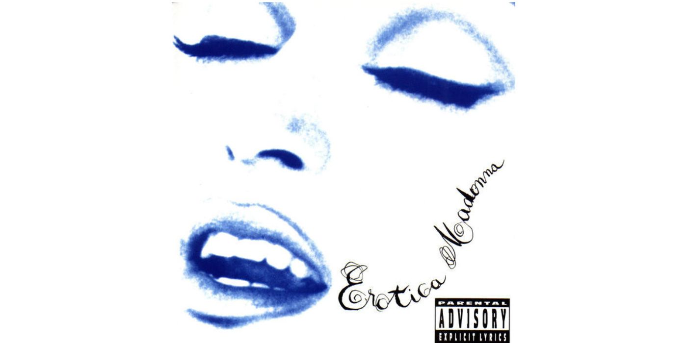 Madonna's face in a high contrast blue against white depicted on the cover of the Erotica album