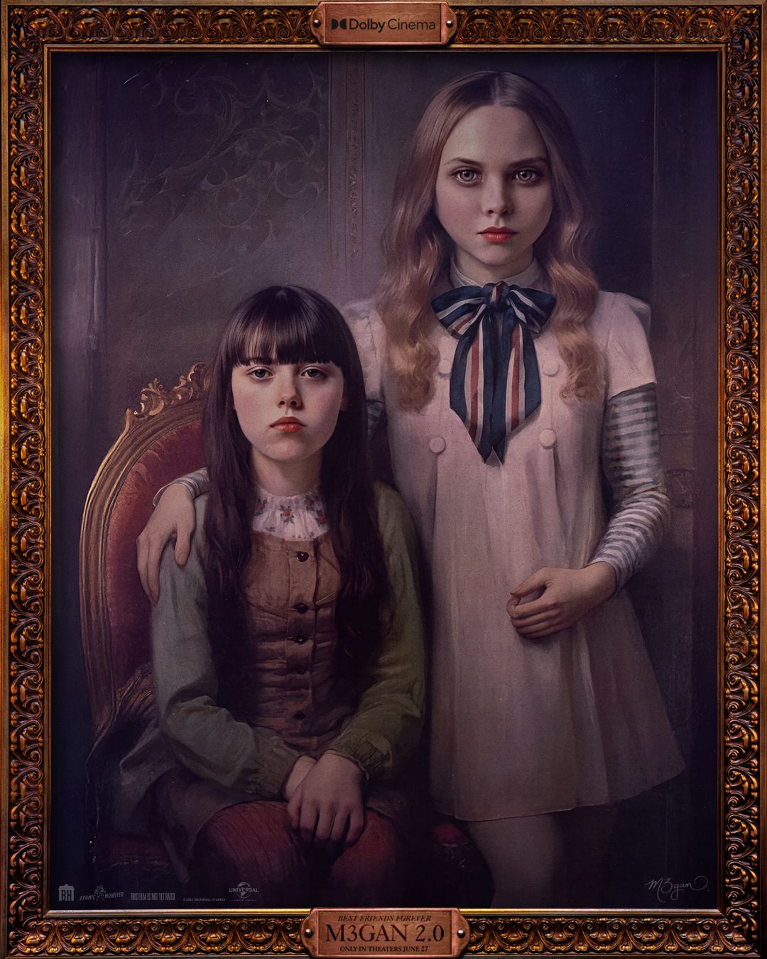 Cady and M3GAN pose in an old-timey poster from Dolby Cinema