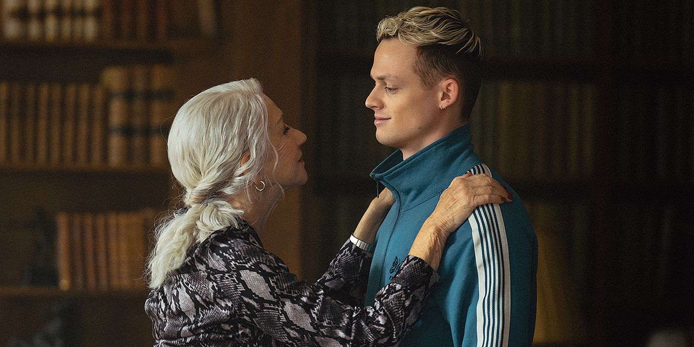 Helen Mirren as Maeve looking up at Anson Boon as Eddie in MobLand