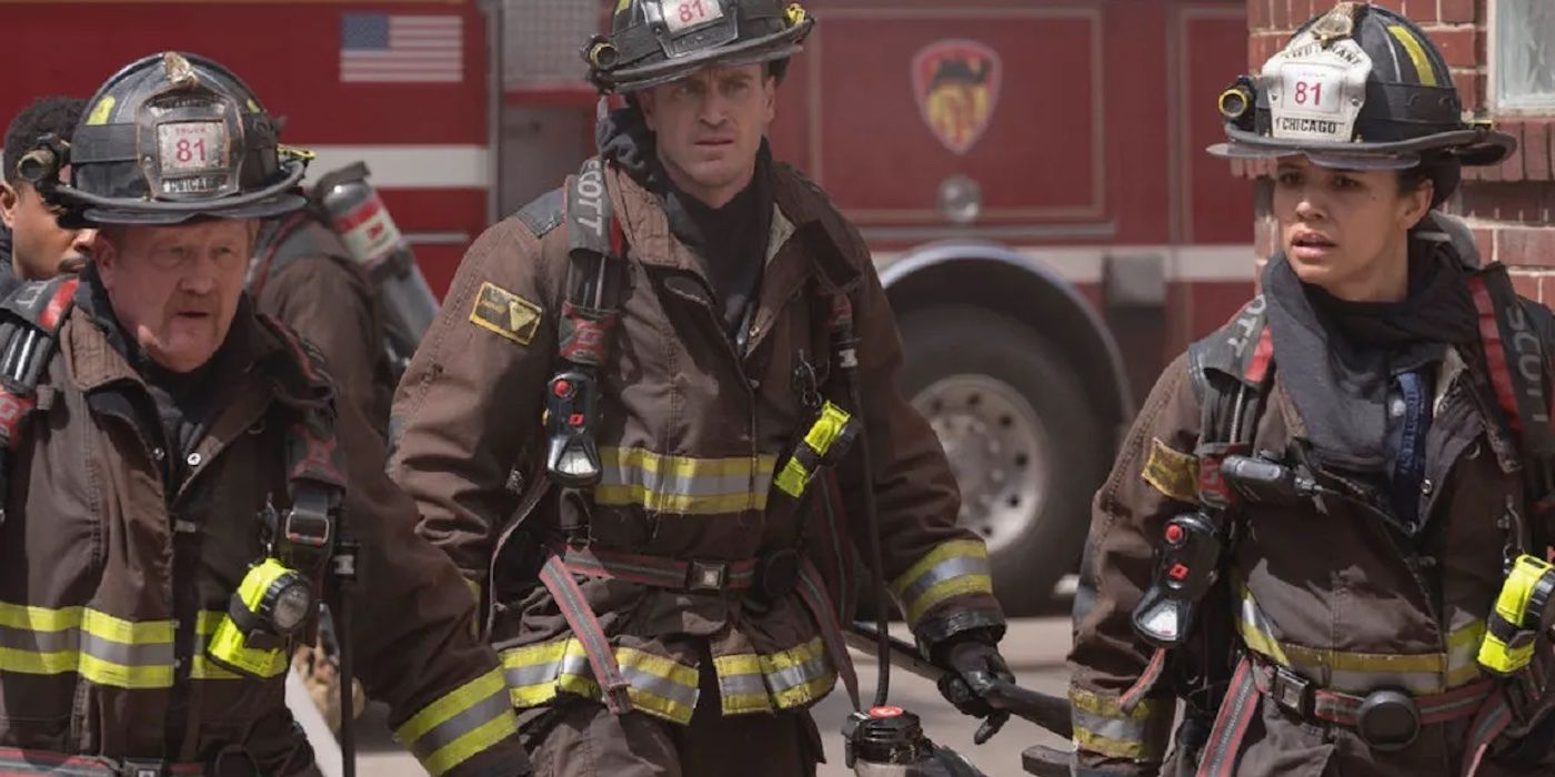 Mouch (Christian Stolte), Carver (Jake Lockett), and Kidd (Miranda Rae Mayo) in fire gear in the Chicago Fire Season 13 Finale.