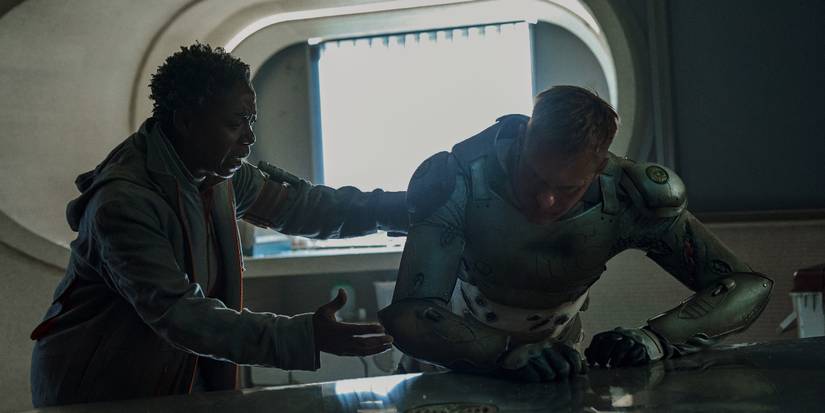 Noma Dumezweni as Mensah helping Alexander Skarsgård in a touching scene from Murderbot Episode 4