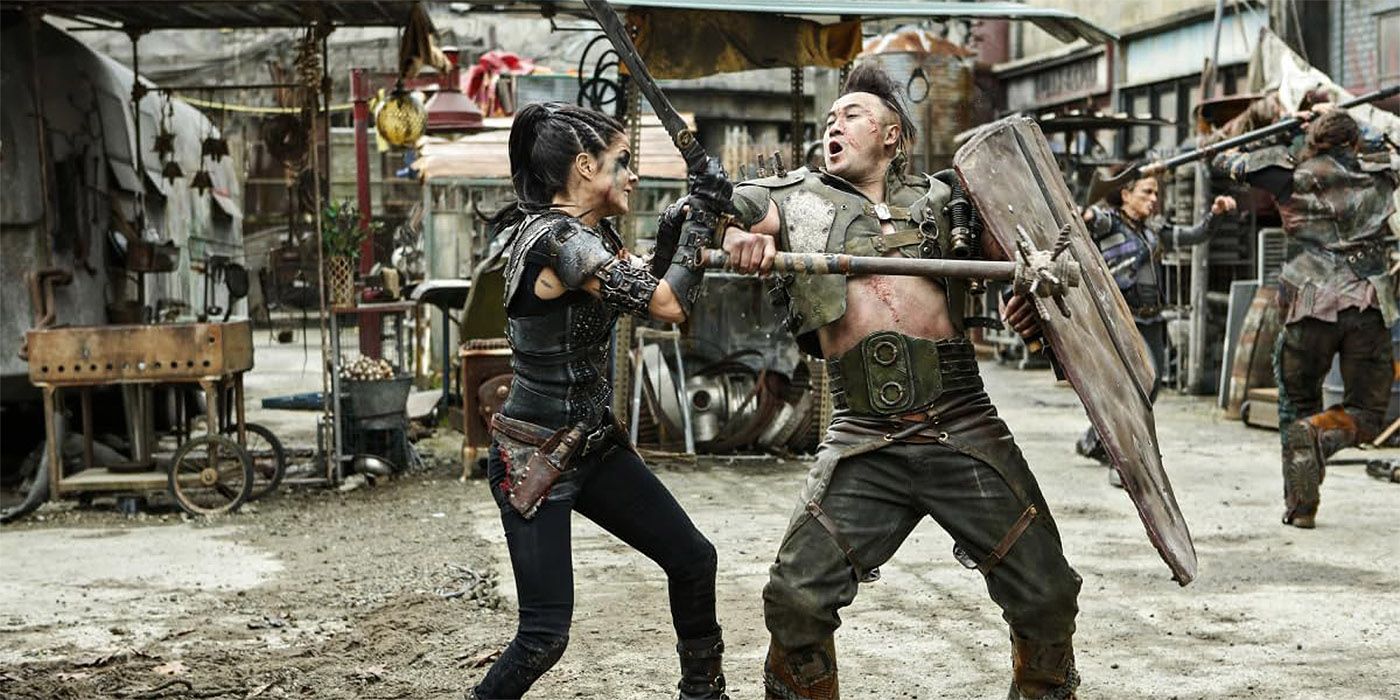 Octavia and Ilian fight to the death in an apocalyptic arena in The 100.
