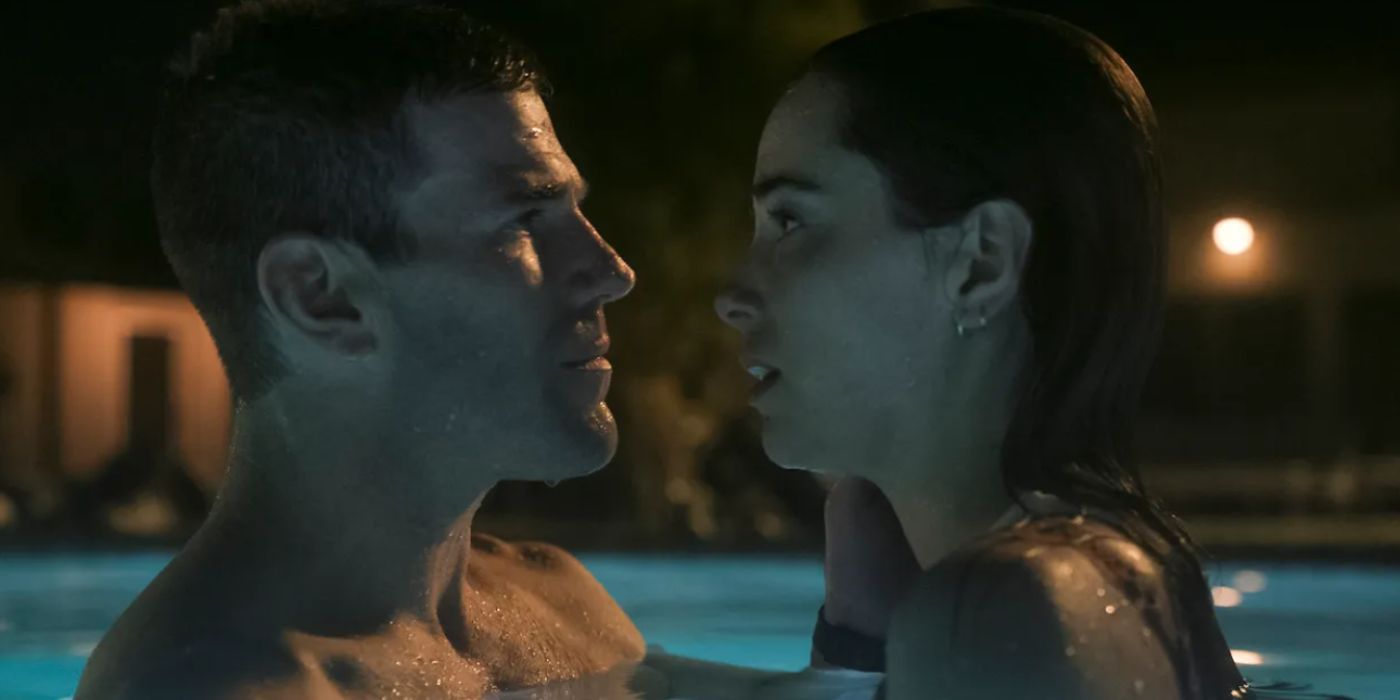 Mariel Molino as Lala  about to kiss Austin Stowell as Gibbs in a pool in NCIS: Origins.