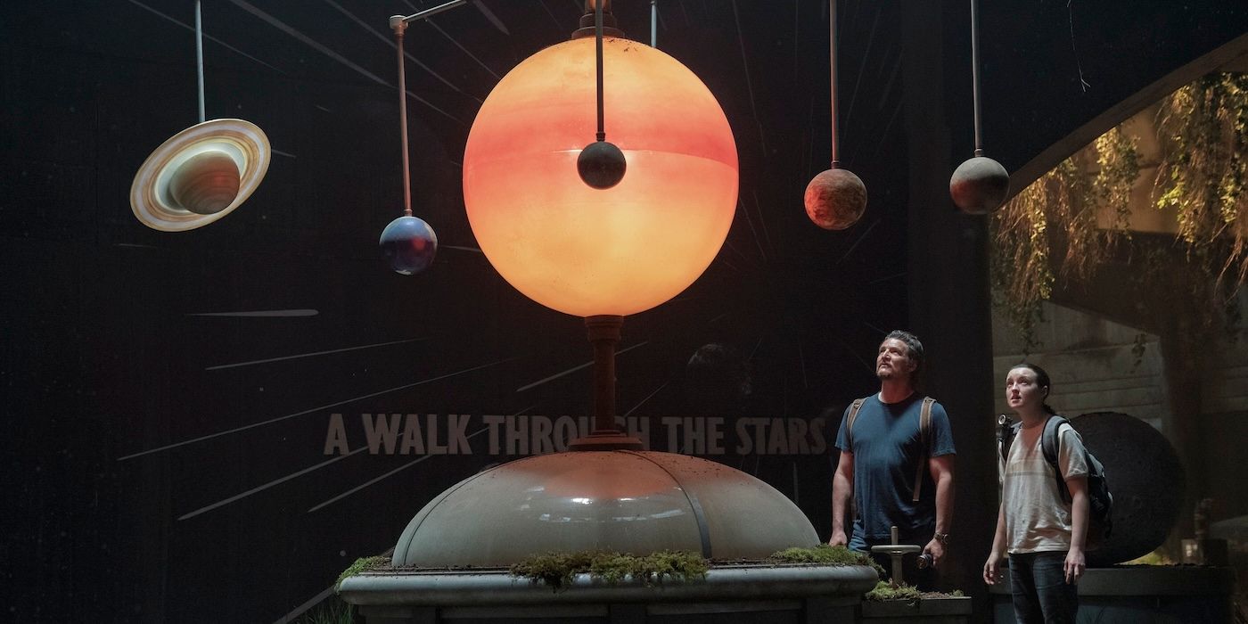 Pedro Pascal as Joel and Bella Ramsey as Ellie in a museum in The Last of Us Season 2 Episode 6