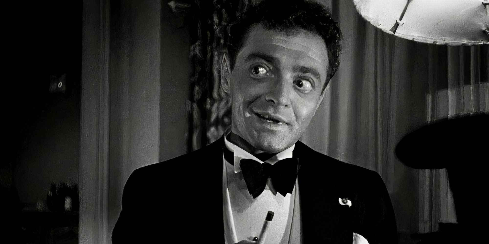 Peter Lorre in a tuxedo, looking to the side in The Maltese Falcon (1941).