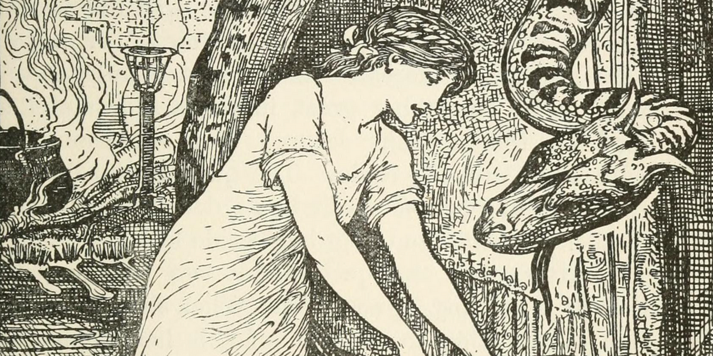 A Lindworm watches a young woman