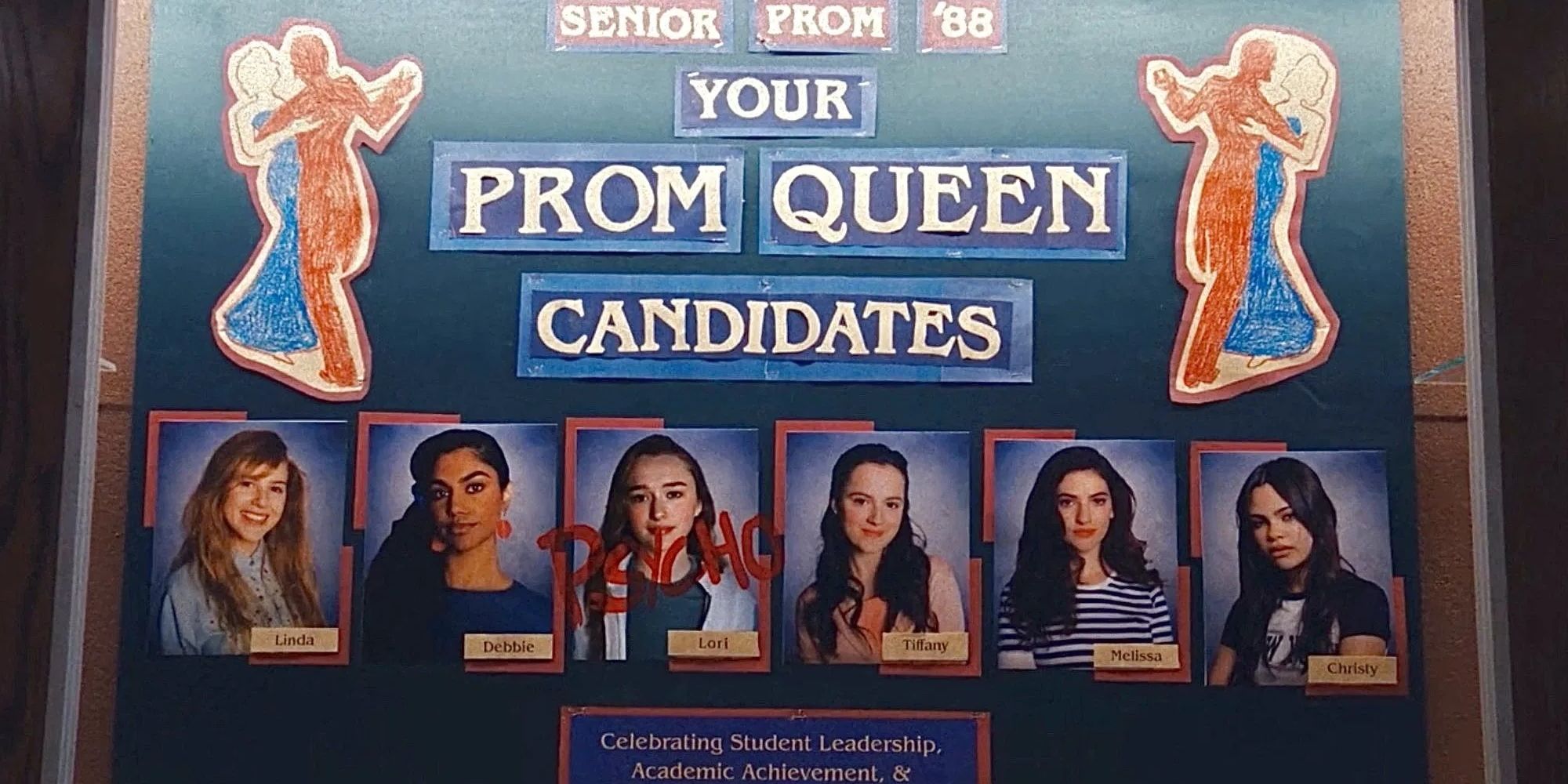 A poster displaying the nominees for prom queen with six girls' pictures, Lori's having been graffitied with the word psycho in Fear Street: Prom Queen.