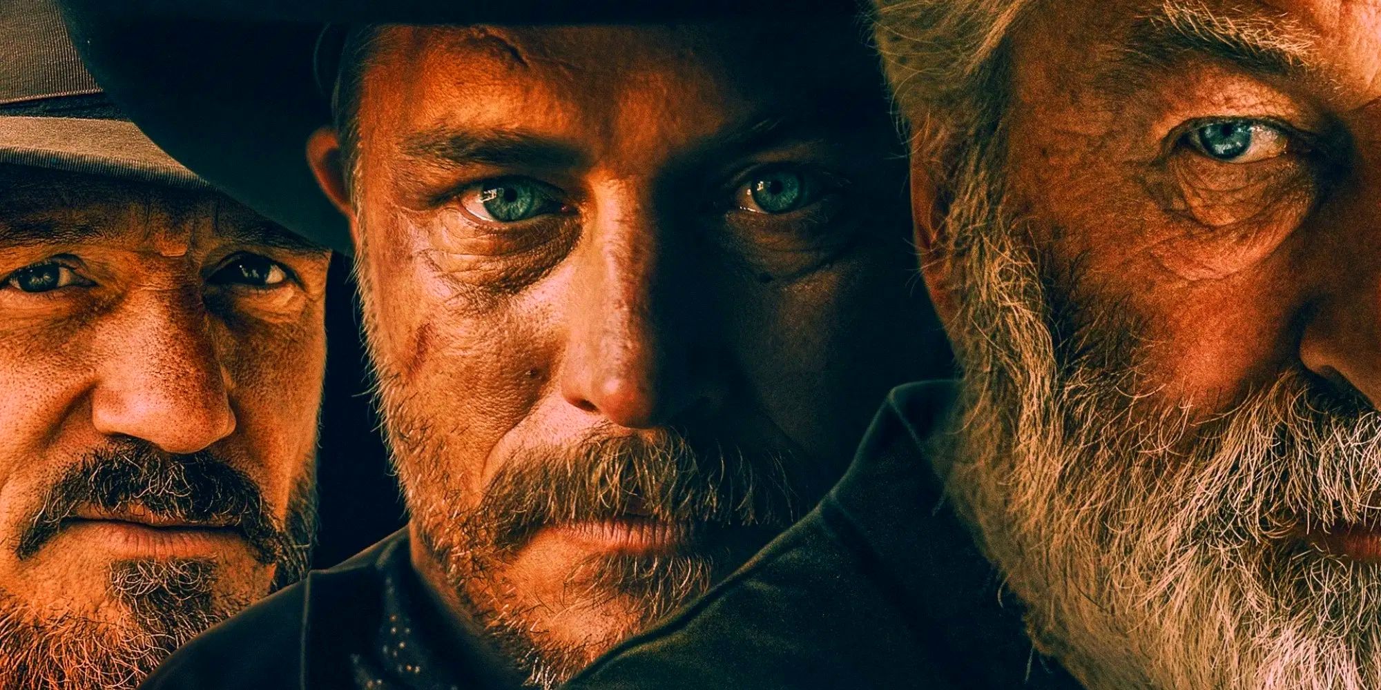 Wood Helm, Fenton Lang and Harland Rust, played by actors Josh Hopkins, Travis Fimmel and Alec Baldwin, lined up in a tight close-up in Rust.