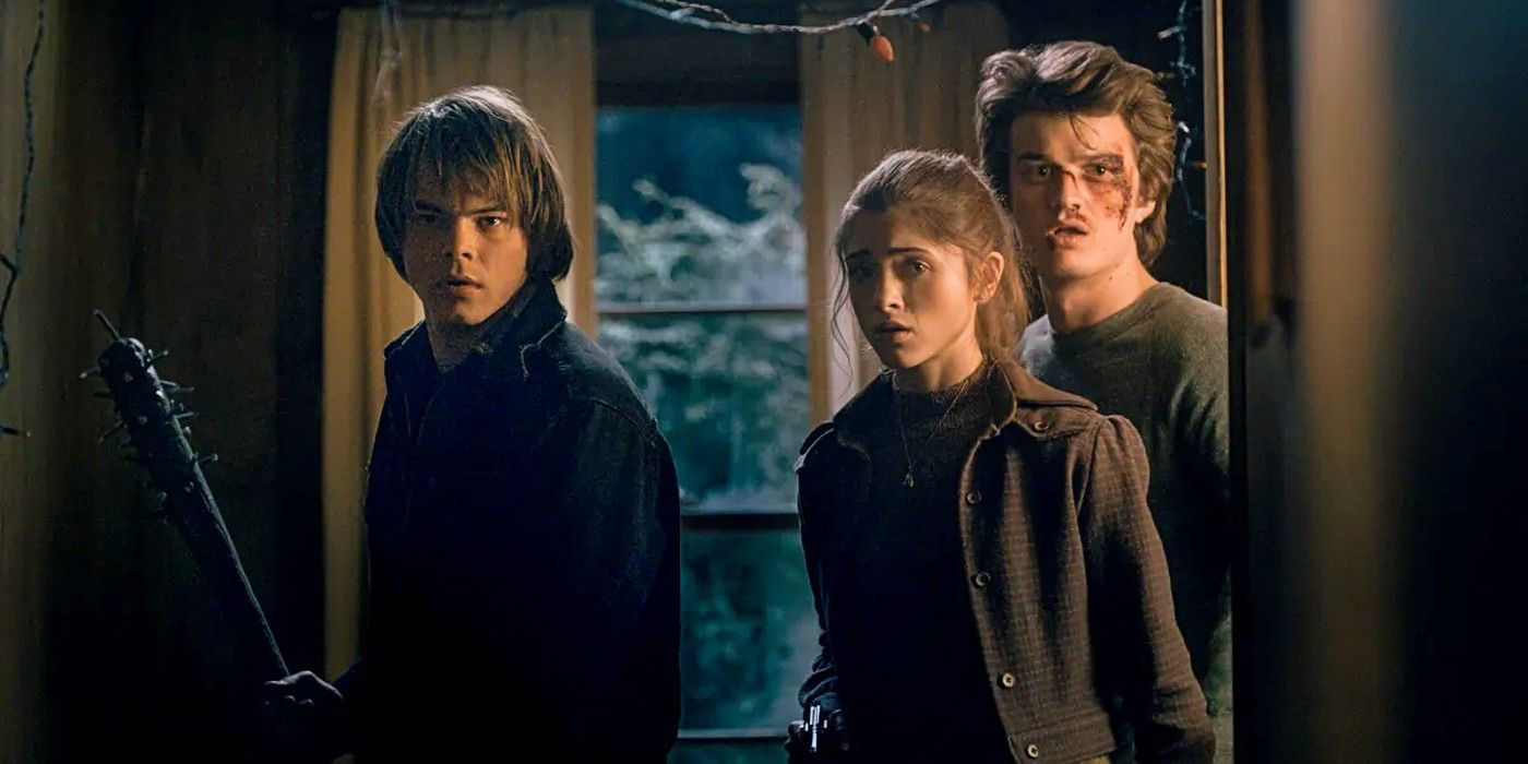 Jonathan Byers, Nancy Wheeler, and Steve Harrington standing together in the Season 1 finale of Stranger Things.