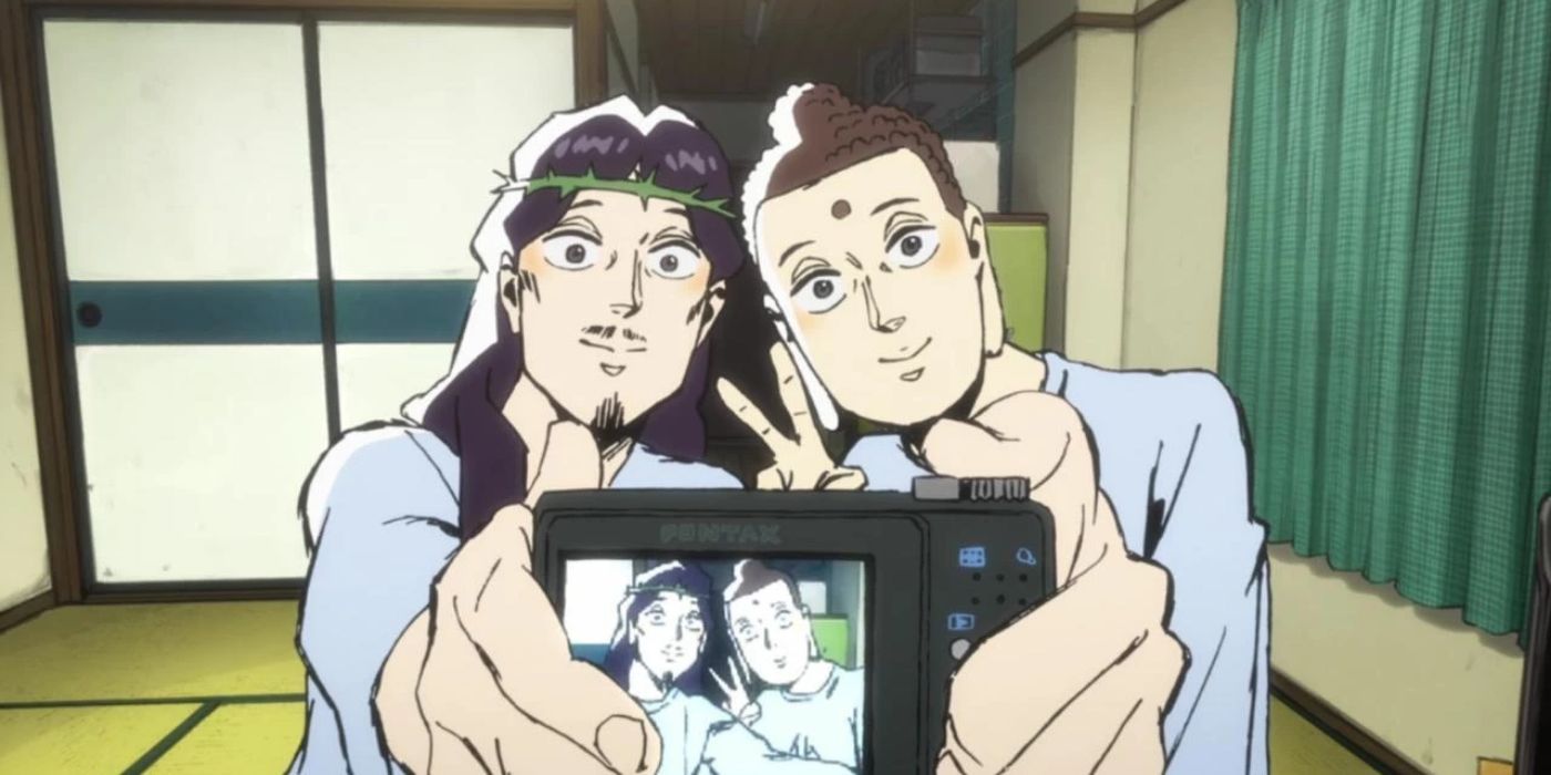 Jesus and Buddha taking a photo of themselves in Saint Young Men