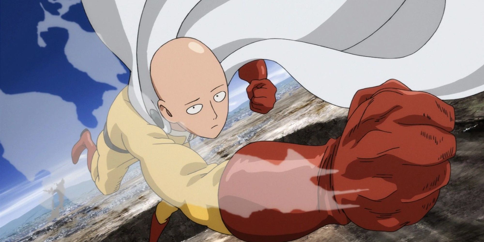 Saitama flying through the air with a cape in One Punch Man.
