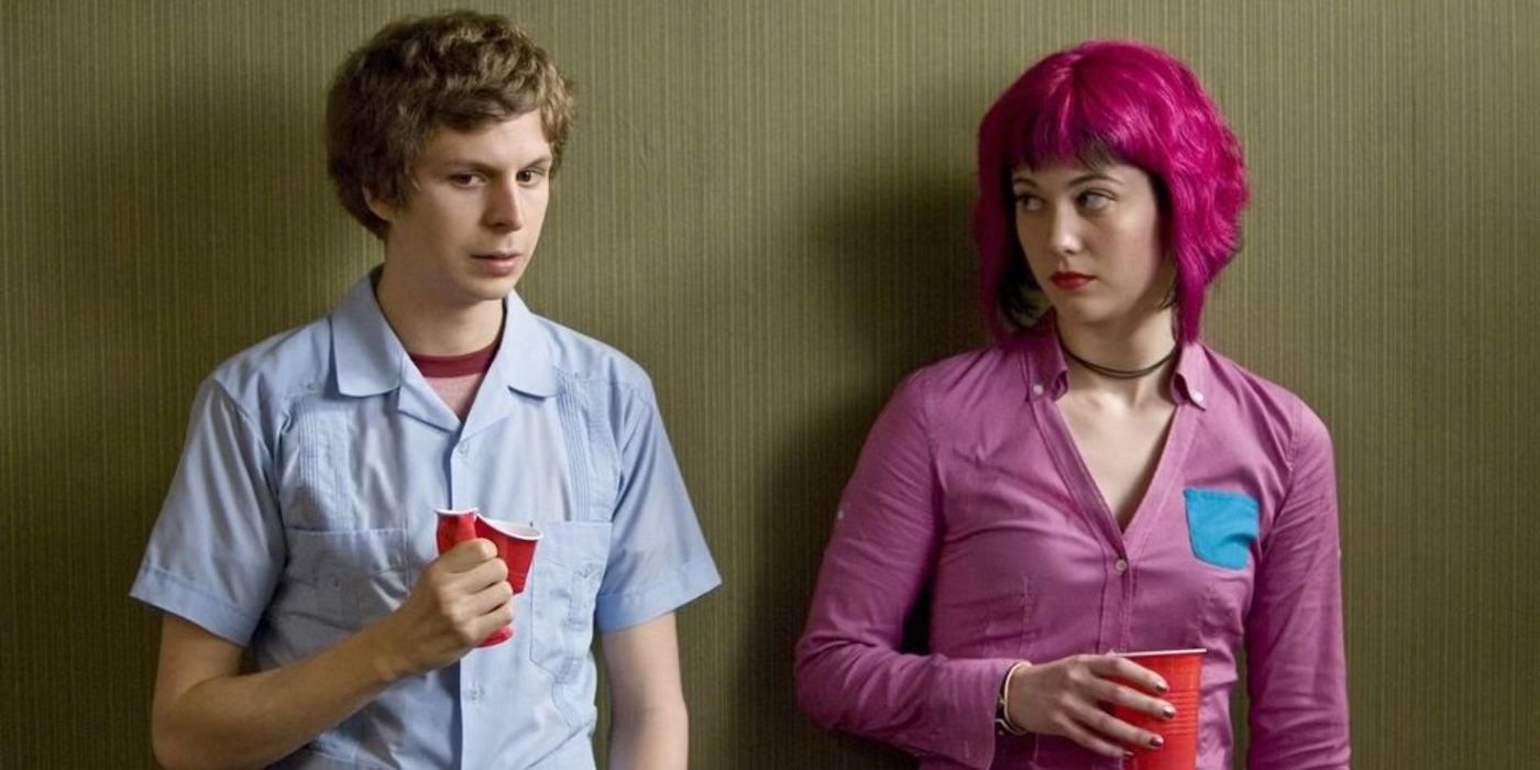 Scott stands near Ramona with awkward tension in Scott Pilgrim vs. the World.