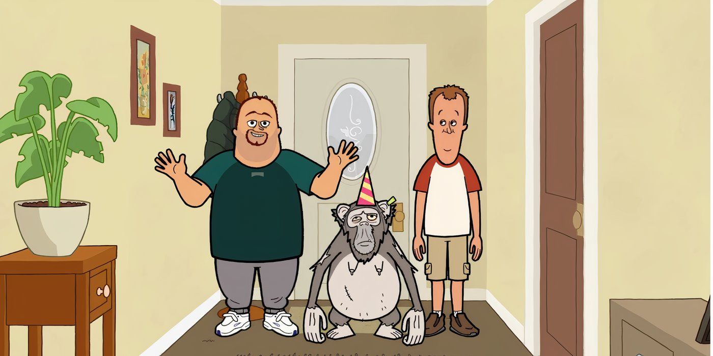 Mark Hoagies nad Craig Malamut inside a house with a sad looking chimp in Universal Basic Guys.