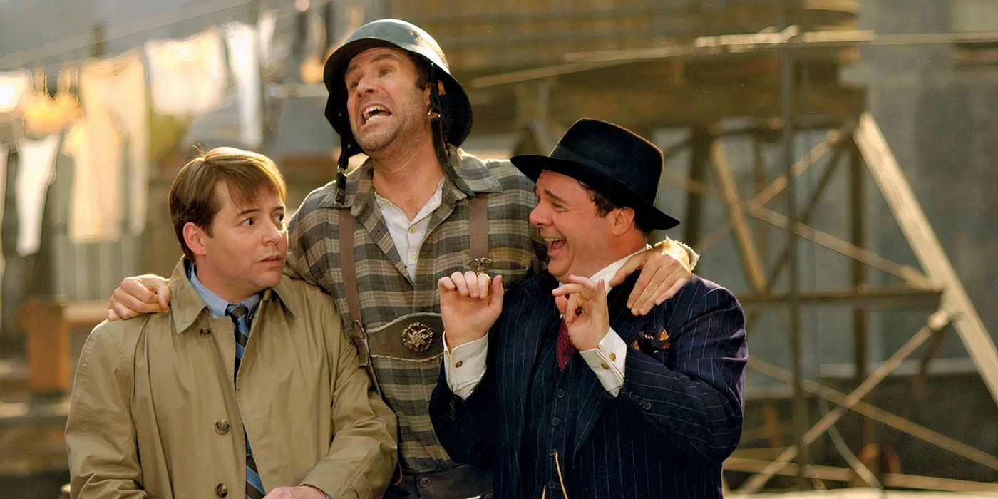 Will Ferrell, Matthew Broderick, and Nathan Lane stand together in a scene from The Producers (2005).