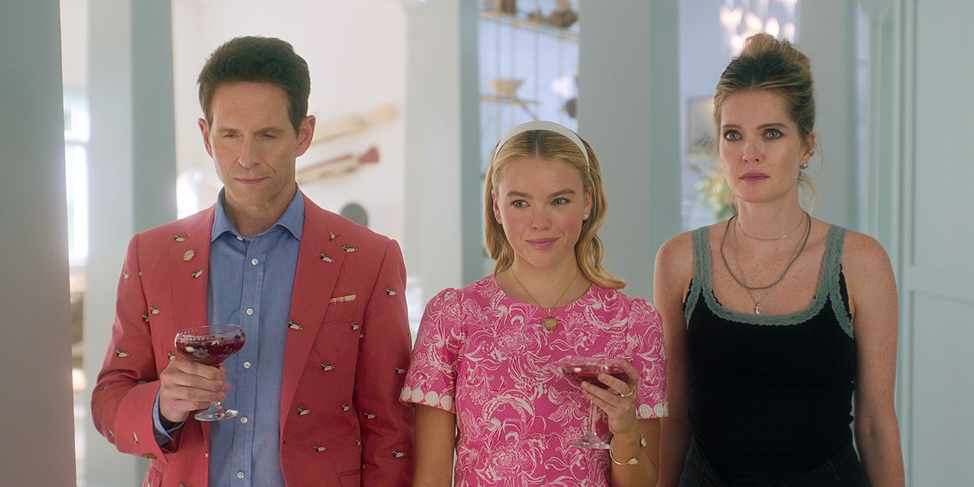 Glenn Howerton, Milly Alcock, and Meghann Fahy standing together in Sirens