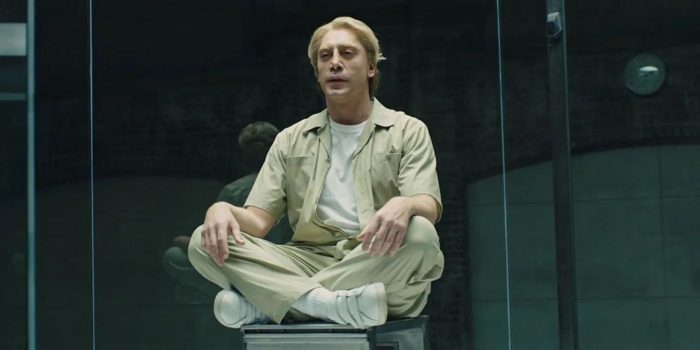 Raoul Silva in a lotus position with his eyes closed in Skyfall