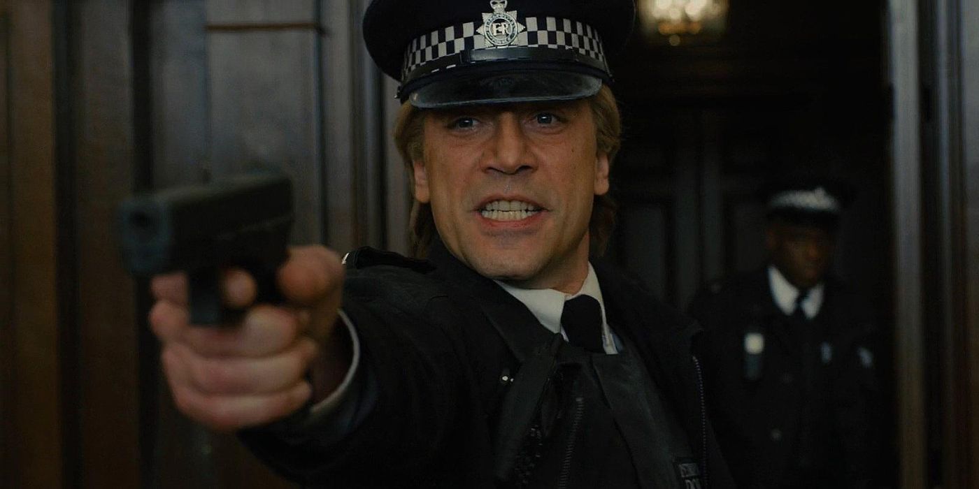 Raoul Silva aiming his gun at someone while dressed as a policeman in Skyfall