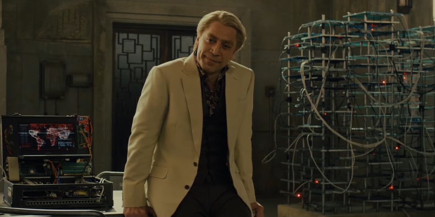 Raoul Silva leaningagainst a table in Skyfall
