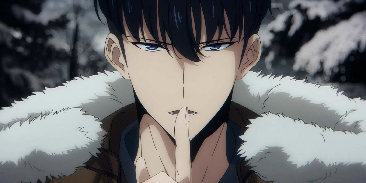 Sung Jin-woo holding one finger in front of his mouth in Solo Leveling.